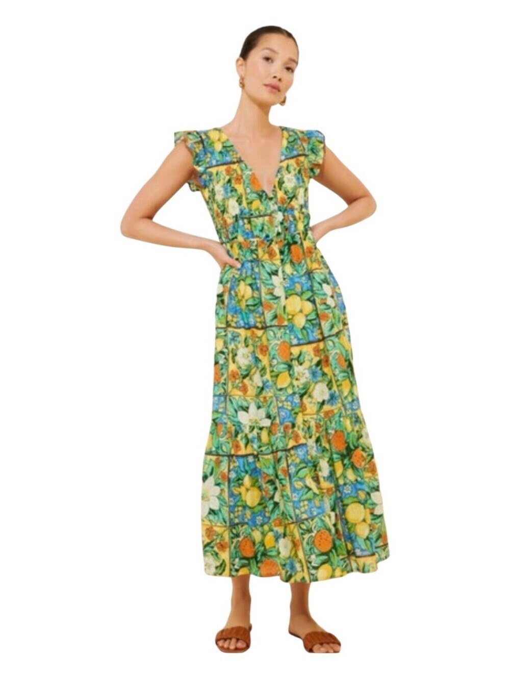 Anthropologie Peregrine Dress XS NWT Yellow Citrus Floral Midi Smocked Cotton Po